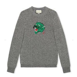 Gucci Panther Embroidered Knit Sweater in Gray